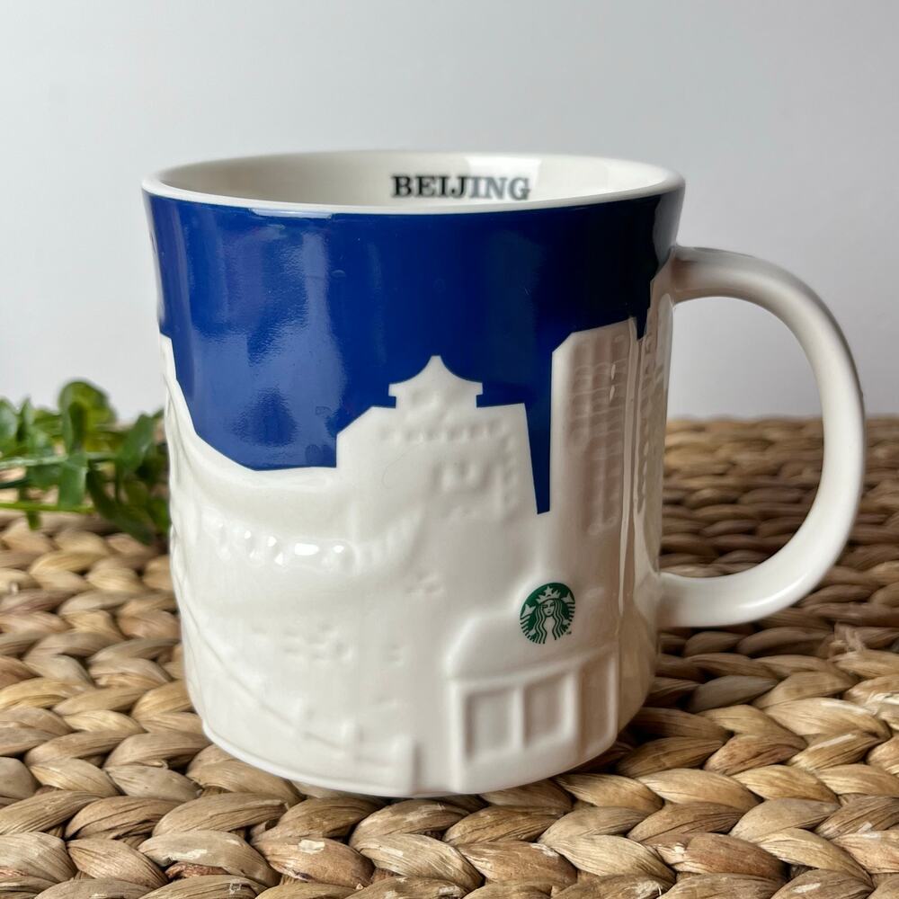 2012 Starbucks Collector Relief Series Mug Beijing 16 oz Blue White Rickshaw